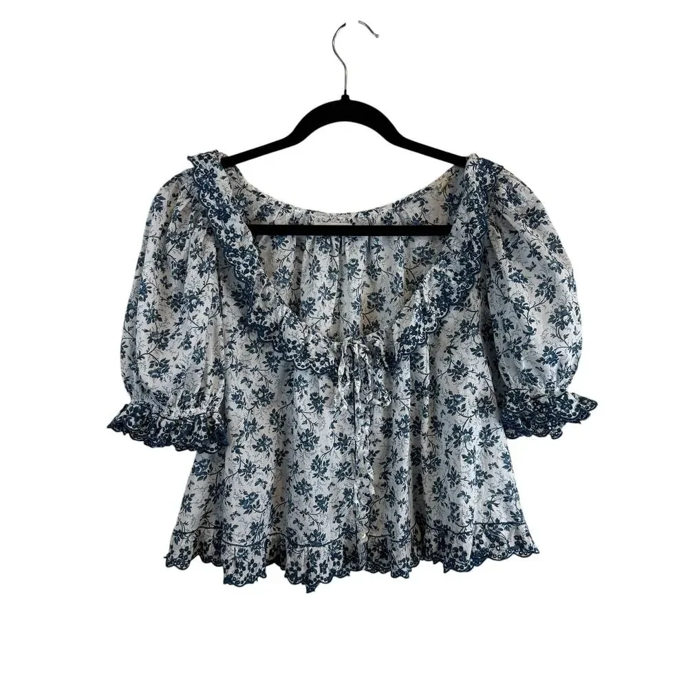 Doen Lazuli Floral Organic Cotton Puff Sleeve Ruffle Top Boho Chic White Blue XS